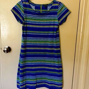 Hatley Shift dress in heathered-blue with stripes. CA20859 RN145984. Size S